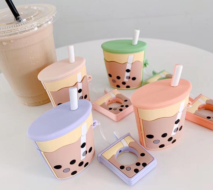 Pearl Milk Tea Silicone Case For Airpods Earphone With Keychain